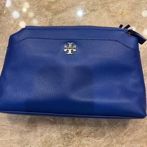 Tory Burch bag, blue, small—10inches long, 6 inches height.